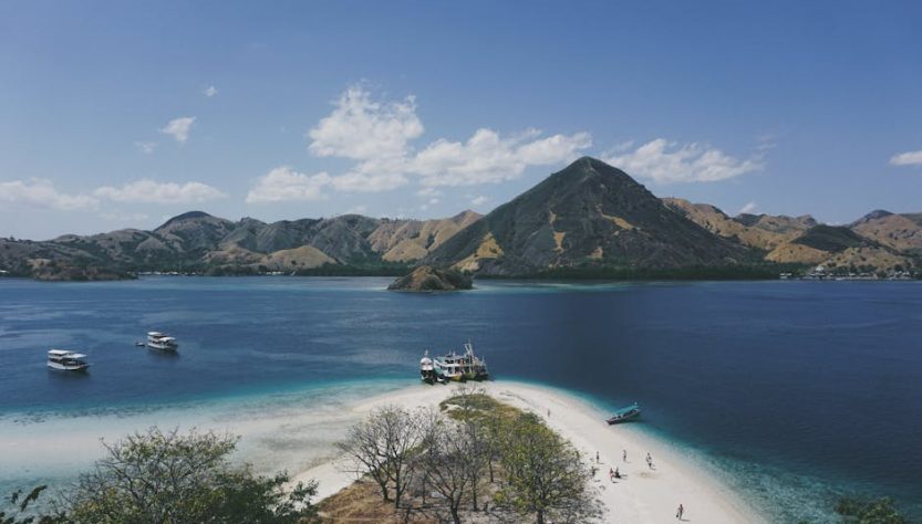 Stunning aerial view of Komodo Island's coastline with turquoise waters and distant mountains under a clear blue sky.