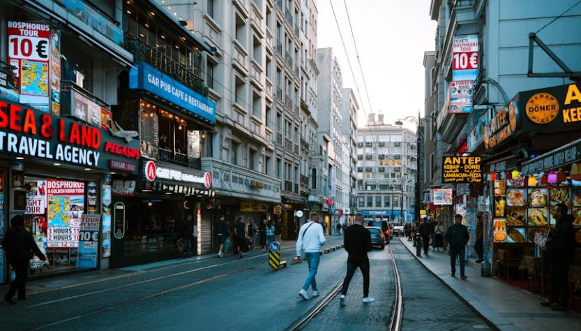Vibrant street scene in Istanbul featuring shops, people, and tram tracks under a clear sky.